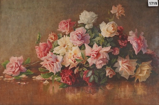 Evelyn Engleheart, Still life of flowers, signed, partial Army & Navy stores label verso, watercolour, 36 x 52cm